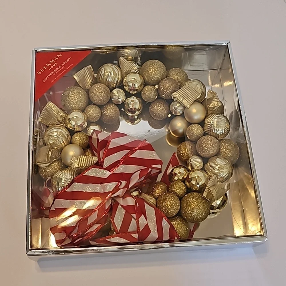 Upcycled Shatterproof Wreath Christmas Gold Ornaments Fairy Lights Handmade 14